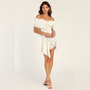Lulus Always Celebrating Ivory Satin Off-the-Shoulder Mini Dress